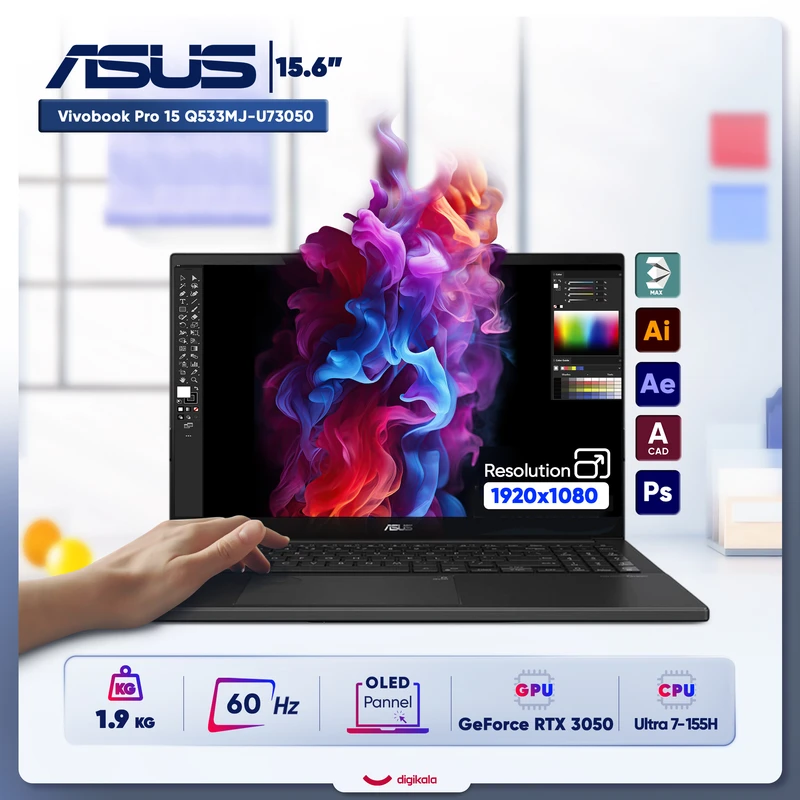 لپ تاپ 15.6 اینچی ایسوس مدل Vivobook Pro 15 Q533MJ-U73050-Core Ultra 7 155H-RTX3050 6GB-16GB DDR5 5600MHz-1TB SSD-OLED-W